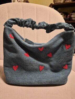 Stoney Clover Limted Edition Embroidered  Denim Hobo Bag with Red Hearts